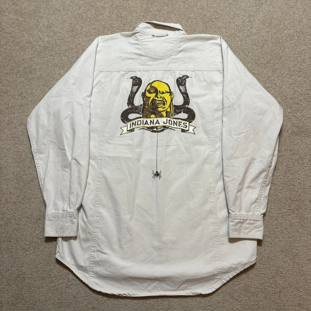 Vtg Indiana Jones Shirt Mens Medium White Button‎ Down LS Raiders Lost Ark 90s